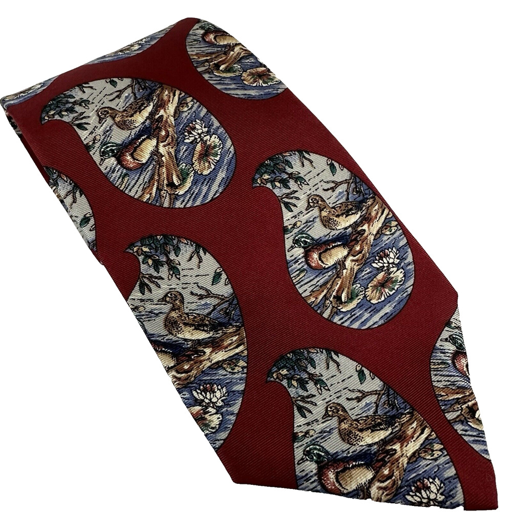 Ducks Unlimited Men's Neck Tie, Silk USA Maroon w/Duck Design Preppy Classiccore